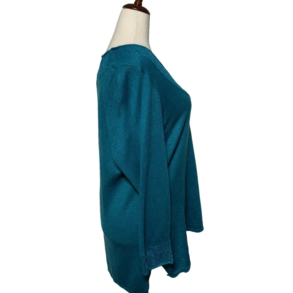 Catherines Sweater 2X 22-24W Teal Blue Green Metallic Sequin Open Knit‎ Neckline